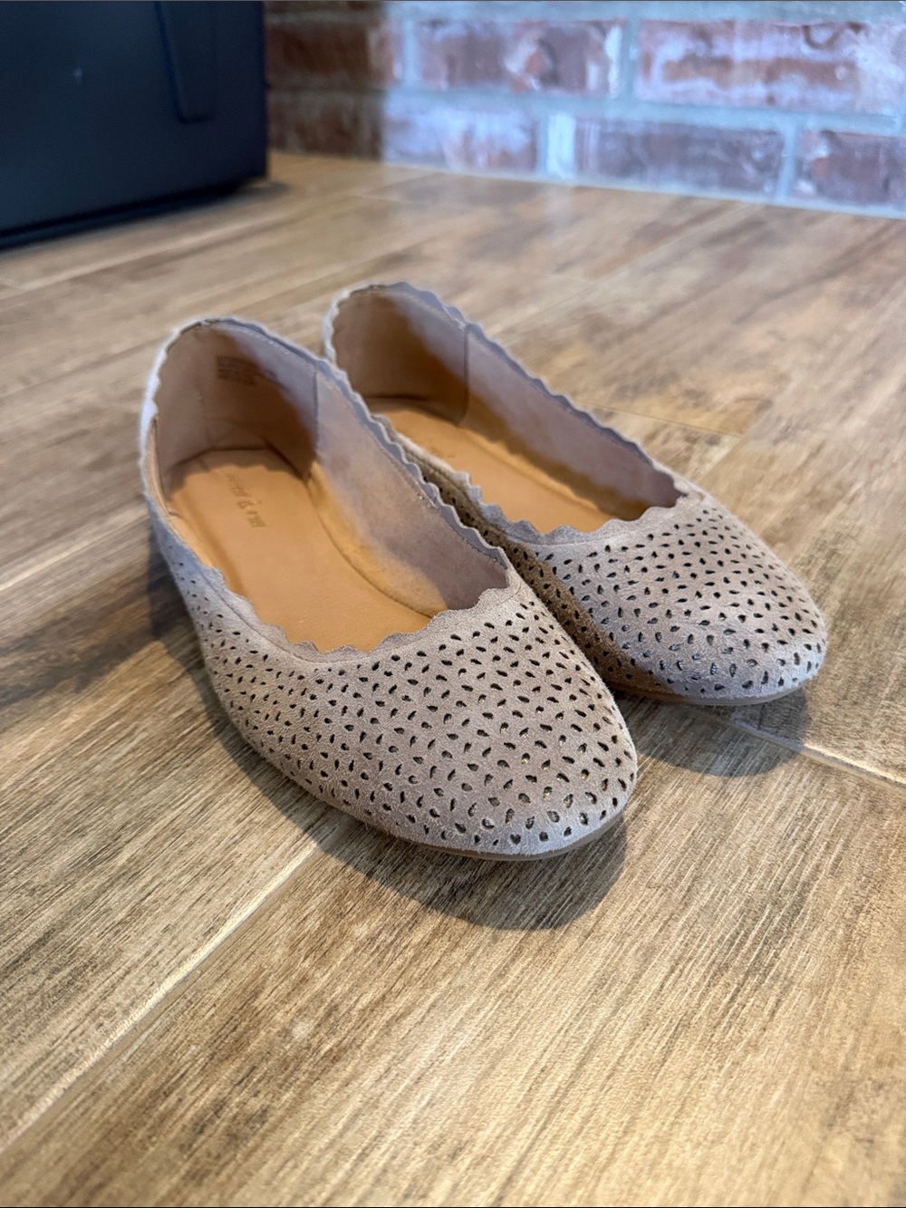 Perforated Scallop-Edge Taupe Ballet Flats